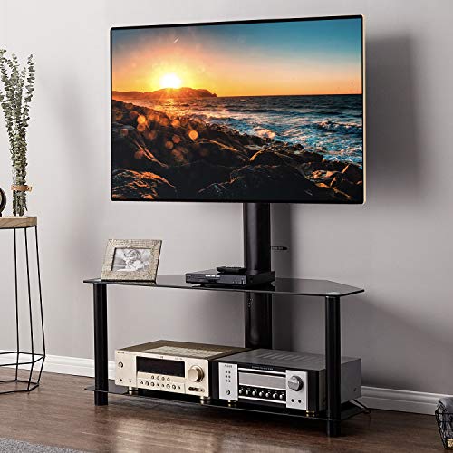 5Rcom Universal Floor TV Stand with Swivel Mount and Height Adjustable for 32"-65" Vizio/Samsung/TCL/LG Flat Panel and Curved Screen TVs, 2 Tier Tempered Glass Shelves for Media Storage, Black