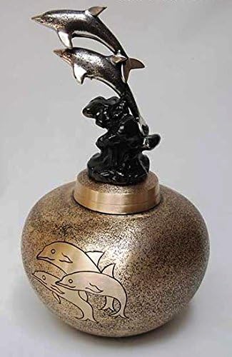 Dolphin Cremation Urn, Brass Dancing Dolphin Keepsake Sculpture Funeral Token Urn