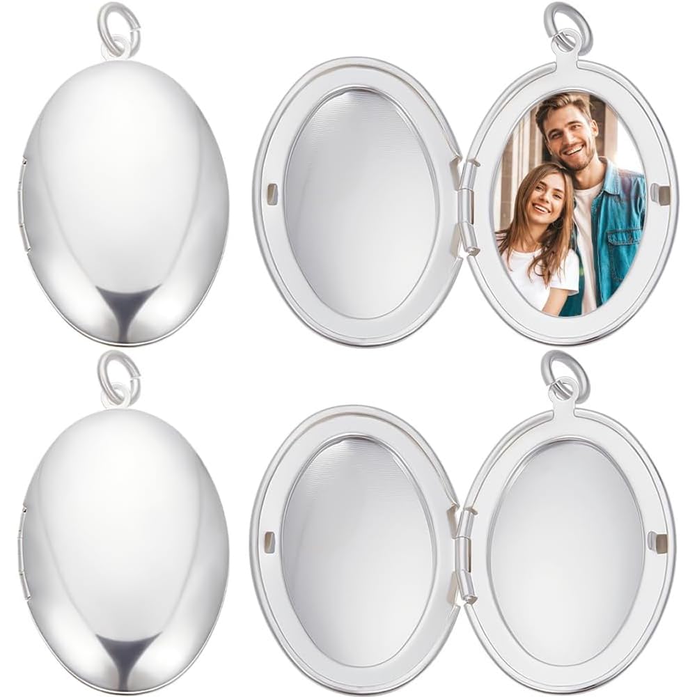 Beebeecraft 1 Box 4Pcs Silver Locket Charm Bulk 925 Sterling Silver Plated Brass Metal Holds Picture Custom Photo Image Oval Charms for Jewelry Making Lockets Necklace Pendants DIY Crafts Supplies