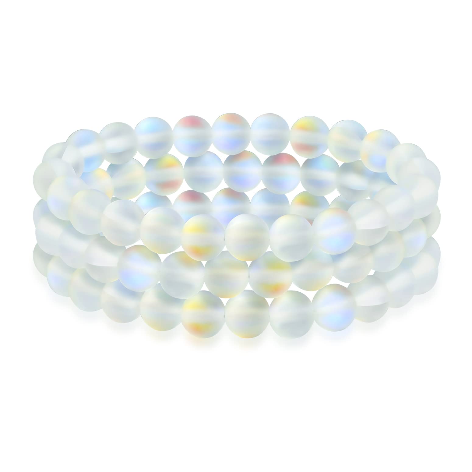 Bling Jewelry Set Of 3 Rainbow Iridescent Created White Moonstone Round Bead 8MM Stacking Strand Stretch Bracelet For Women Men Teen Unisex