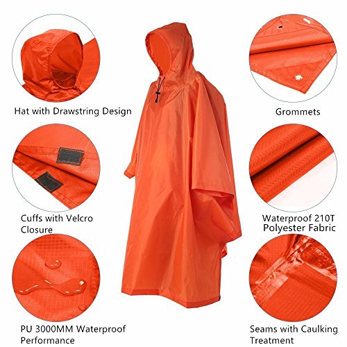 Winis Multifunctional Outdoor Rain Poncho Backpack Rain Cover Waterproof Tent Tarp Footprint Ground Sheet Shelter Sunshade Moisture Barrier Picnic Blanket Mat for Camping Hiking Jungle Cycling(Orange)