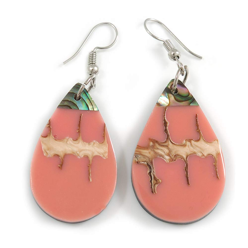 Teardrop Dusty Pink Shell Drop Earrings/55mm Tall/Silver Tone Hook