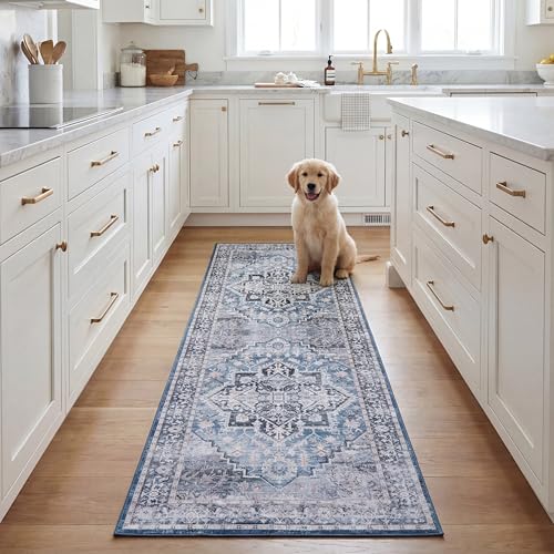 SAFAVIEH Washable Rug Tucson Collection - 2'6' x 10' Runner, Blue & Charcoal, S…