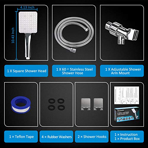 High Pressure Shower Head with Handheld, 6-Setting Square Shower Head, Detachable Shower Head with Adjustable Holder and Stainless hose, Powerful Spray Handheld Shower Heads, 2 Bonus Shower Hooks