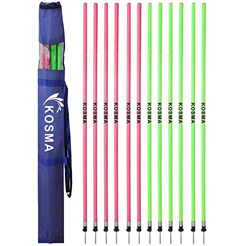 Kosma Pack of 12pc Speed Training Slalom Poles 5ft x 25mm with Spring loaded base and detachable spike in Carry Bag - (6 Pink & 6 F.Green)| Agility Football Training Posts