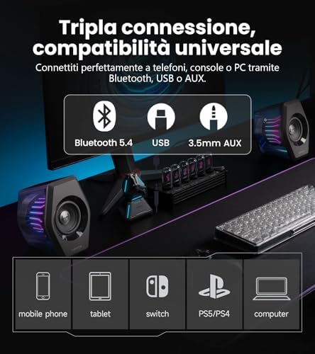 G2000 Pro Casse Gaming 2.0 RGB da 32W RMS / 64W Picco, Sincronizzazione Luci TempoFlow™ a 270°, Suono Surround Virtuale 7.1 - Bluetooth 5.4 / USB-C/AUX per PC, PS5 (Nero)