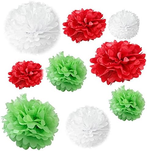 Somnr® Set of 18PCS Mixed White Light Summer Green Red Tissue Pom Poms Paper Flower Wedding Pompoms Birthday Party Bridal Shower Favor Decoration