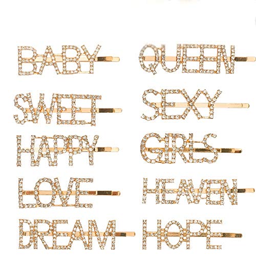 CGBOOM 10PCS Gold Word Hair Clip, Sparkly Letter Rhinestone Hair Pins, Crystal Bobby Pins Barrettes Headwear Luxury Hair Jewellery for Women Girls (Pattern 2) - Thumbnail 7