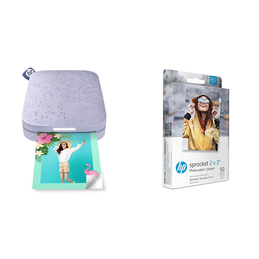 HP Sprocket Portable Photo Printer (Lilac) + HP 2x3" Premium Zink Photo Paper (50 Sheets)