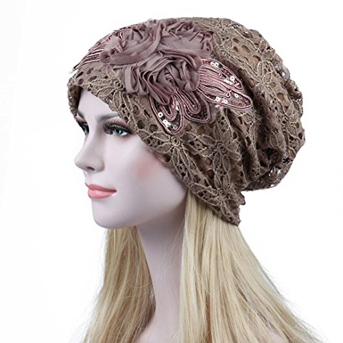 SUKEQ Lace Flower Turban Hat Fashion Slouchy Chemo Hats Beanie Sleep Cap for Cancer Patients (Brown)