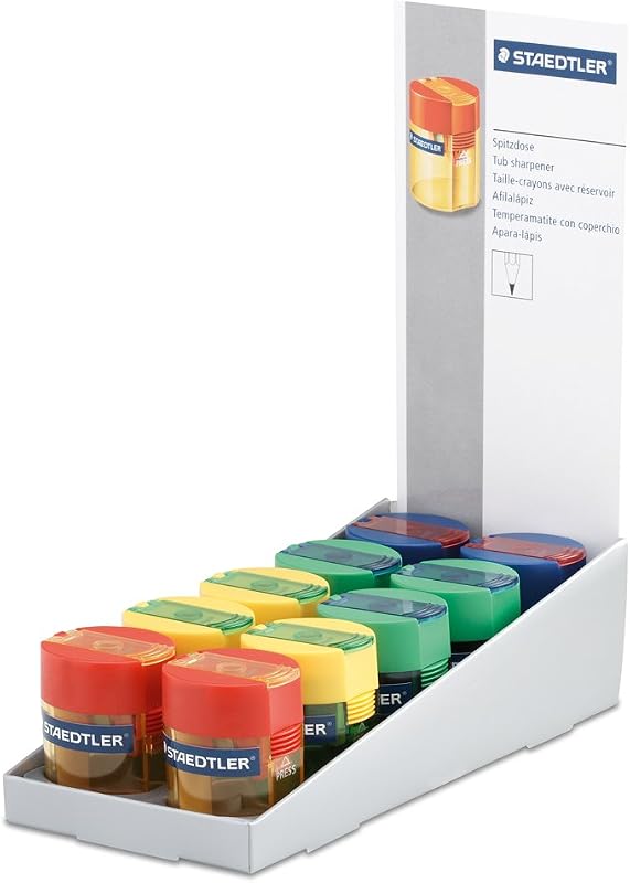 511 006 - Afilalápices con depósito transparente de colores variados. Caja con 10 unidades.