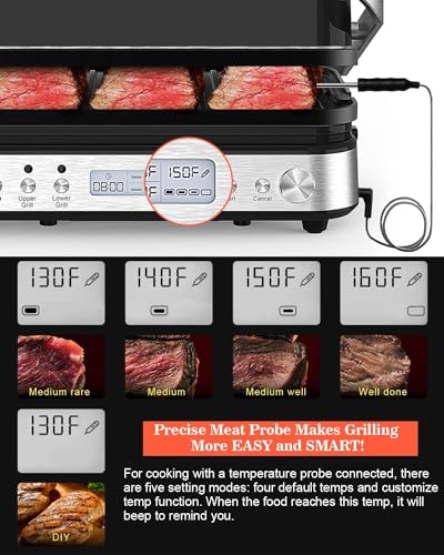 Dxmocos 5 in 1 Indoor Grill, Electric Contact Grill and Griddle, Panini Press Grill Sandwich Maker with Meat Thermometer, LCD Display, Stainless Steel, Healthy Ceramic Nonstick, 2000W