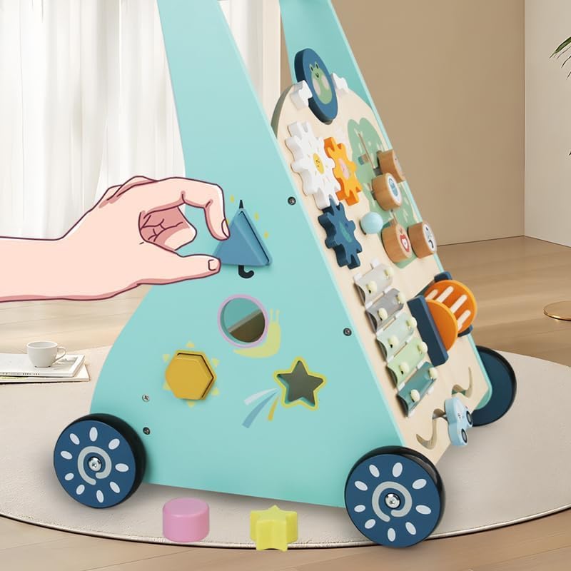 Wooden Baby Walker, Montessori Walker for Boys and Girls, Baby Push Walkers with Wheels, Learning Walking Toys for Toddlers from Sitting to Standing, Kid's Multi Activity Center