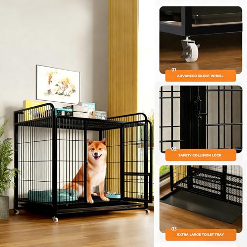 Beauenty Dog Cage, Heavy Duty 95cm Dog Crate, Dog Kennel for Small/Medium/Large Dogs, with Removable Tray, Double Doors with Locks Design with 4 Wheels and Reinforced Baseplate (Black)