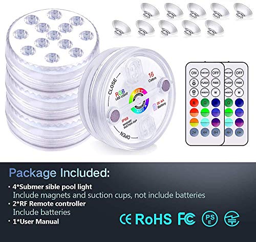 KJOY 4Pcs Submersible LED Lights with RF Remote, Magnets, Suction Cups, Battery Operated IP68 Waterproof Underwater Light, 13LED 16 Color Changing Pond Lights for Inground Aquarium Fountain Vase