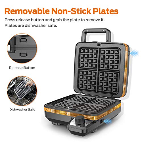 Elechomes Waffle Maker with Removable Plates, 4Slice Belgian Waffle