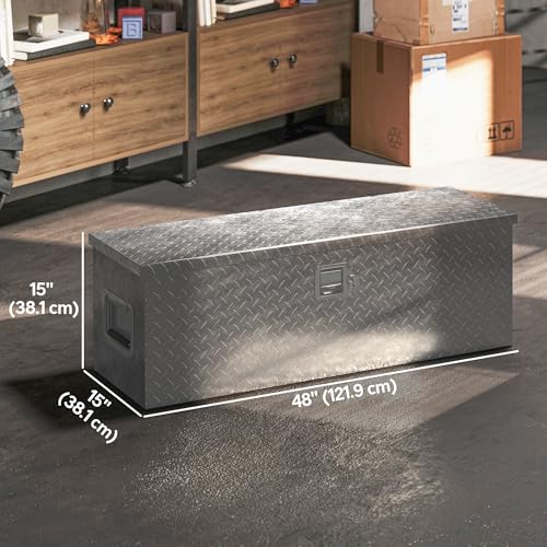 HOMCOM 48 Inch Truck Bed Tool Box, Heavy Duty Aluminum Diamond Plate Trailer Tongue Box with Side Handle and Locks Keys, Storage Organizer for Trailers, RVs, Pick Up