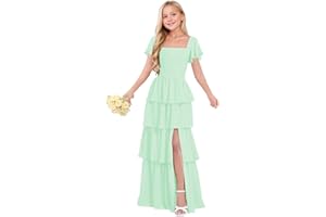 wyxis Tiered Junior Bridesmaid Dresses Chiffon Flower Girl Dress for Wedding Ruffles Pageant Formal Gown for Girls