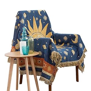 Dulcii Decorative 100% Cotton Woven Throw Blanket Sofa Towel Cotton Warm Slipcover 130 x 180cm (Sun Moon Stars)