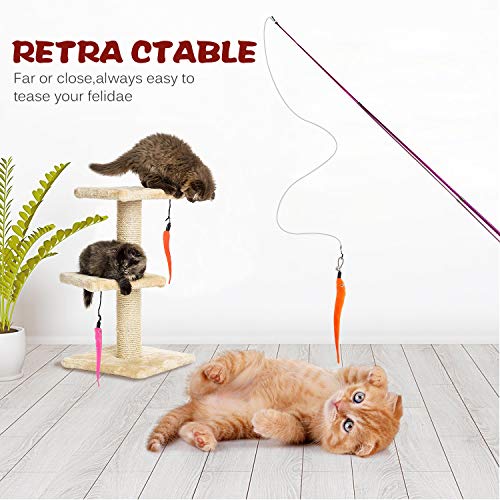 Retractable Cat Toys Wand with 5 Piece Teaser Refills, Interactive Cat Feather Toy for Cat Kitten Having Fun Exerciser Playing, Purple