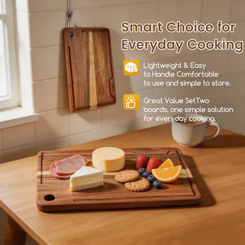 Acacia Wood Cutting Board Set of 2 for Kitchen – Natural Wooden Cutting Boards with Deep Juice Groove, Food Safe Hardwood, Large & Small Sizes (38x25cm & 30x20cm)
