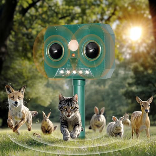 RAYGARD 2 x Outdoor Cat Repellent, Ultrasonic Solar Repellent for Dogs, Waterproof IP45, 12 m, 120 °, Garden Pet Scarer with LED Light for Cats, Dogs, Foxes, Martens