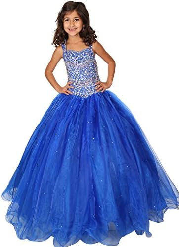 Dexin Girls' Straps Organza Rainstones Long Pageant Dresses 16 US Blue