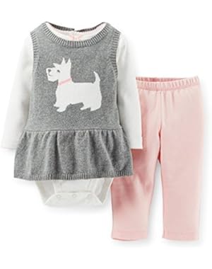 Baby Girls' 3 Piece Knit Tunic and Legging Set Grey-Pink (Newborn)