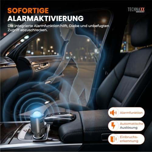 Autoalarm mit PIR Bewegungsmelder – 12–24V Plug-in Alarm mit 110dB Sirene, 6-Tage Akku, USB-A & USB-C Ladeports, LED-Anzeige & Fernbedienung - 2026 Update Modell - TX-100