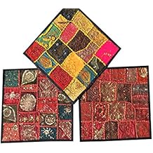 Designer Throw Pillow Sham Vintage Patchwork Red Yellow Cushion Covers Set Of 3 16"x 16"