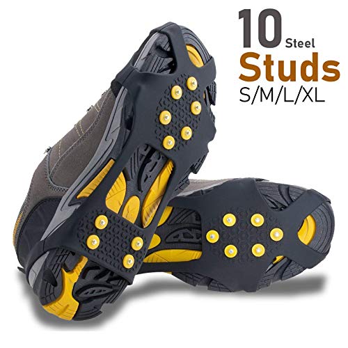 Helonge Ice Grips for Shoe Boot, Snow Anti-Slip Crampons, 10 Studs Traction Cleats Rubber Spikes for Kids Women Men (Large(Women 8.5-11/Men 6.5-8.5))