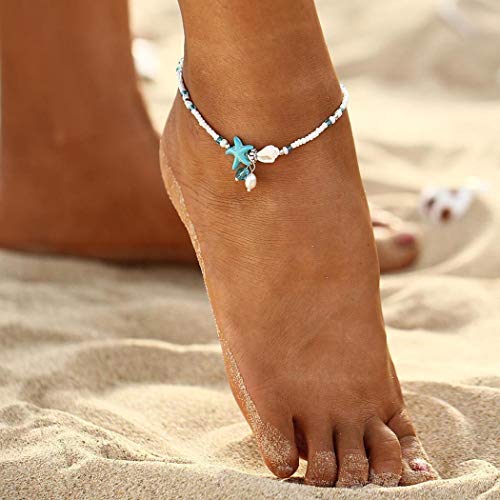 Handcess Boho Anklet Blue Starfish Anklet Bead Anklet Bracelet for Women and Girls