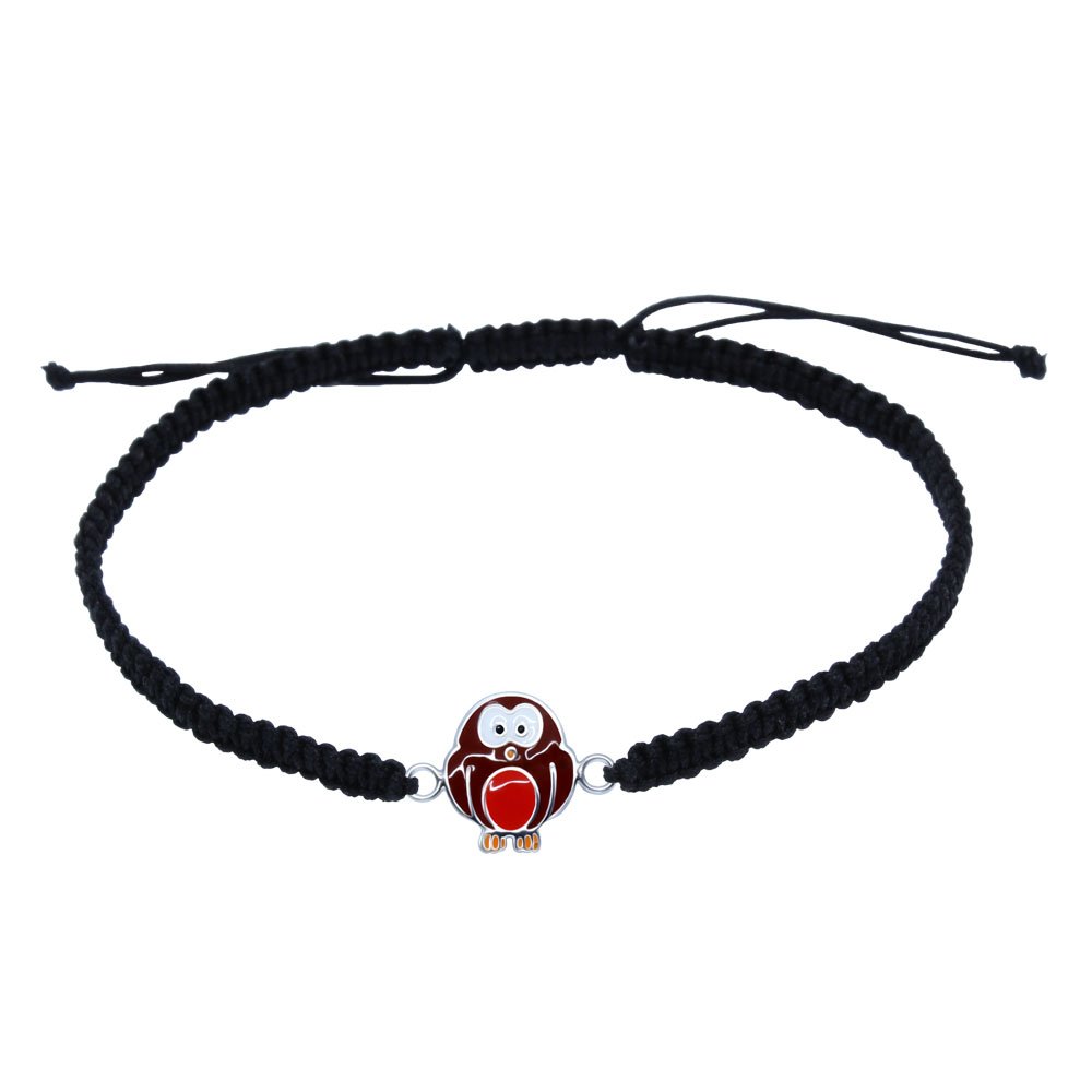 Katy Craig Christmas Bracelet with Robin on Black Adjustable String Cord 925 Sterling Silver