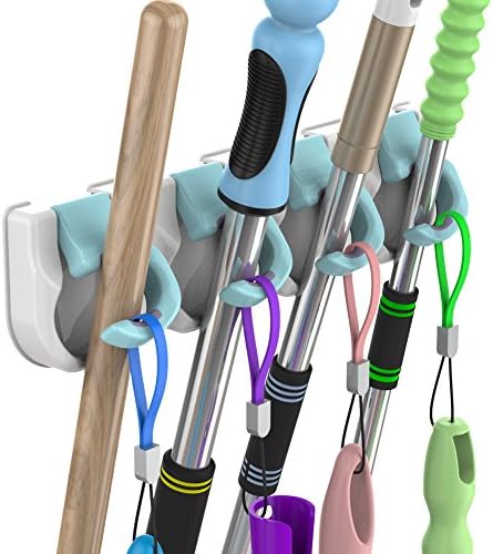 Broom Mop Holder - Garden Tool Organizer, Multipurpose Hooks Hangers for Bathroom, Laundry Room, Closet, Garden, Garage and Shed, Holds up to 20lb - Super Sticky - No Trace - No Damage to the Wall
