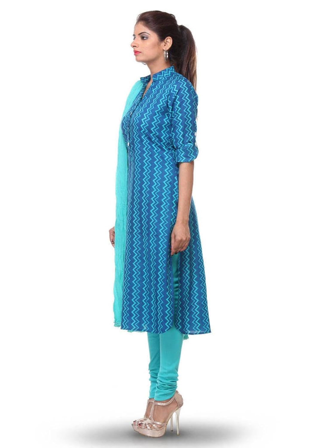 blue printed cotton kurti legging dupatta suit