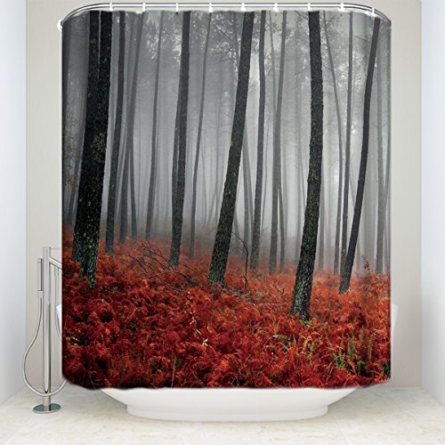 Fabric Shower Curtain Set with Hooks Waterproof & Anti-Mildew Polyester for Bathroom Showers and Bathtubs, Magic Fog Forest Red Leaf Lanscape (54x78 inch)