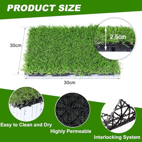 Dsocool Outdoor Artificial Grass Tiles Interlocking Turf Squares 10 Pack, 30×30cm Fake Grass Mat for Balcony Patio Deck Flooring Decor, Self-draining, 1 Square Meter