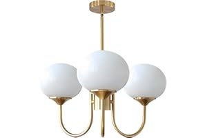 BOKT Mid Century Modern Globe Sputnik Chandelier Vintage 3 Light Milk Glass Pendant Light Large White and Gold Ball Chandelier Light Brushed Brass Sputnik Hanging Light Fixture for Bedroom