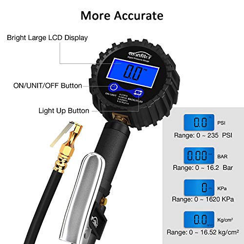 Manfiter Tire Pressure Gauge Inflator Deflator Digital with 235 PSI Compressor Accessories Heavy Duty Brass Air Chuck Valve Set & Hose Quick Connect Coupler for 0.1 Accuracy, Backlit Lighting