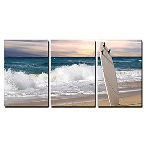 3 Piece Canvas Wall Art - Surfboard on Fuerteventura Beach - Modern Home Art Stretched and Framed Ready to Hang - 16"x24"x3 Panels