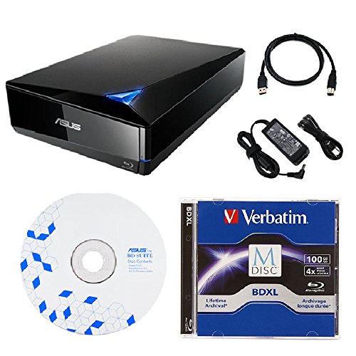 Asus BW-16D1X-U 16x External Blu-ray Drive with 100GB Verbatim M-DISC BDXL BD Suite Disc USB 3.0 Power Adapter Bundle