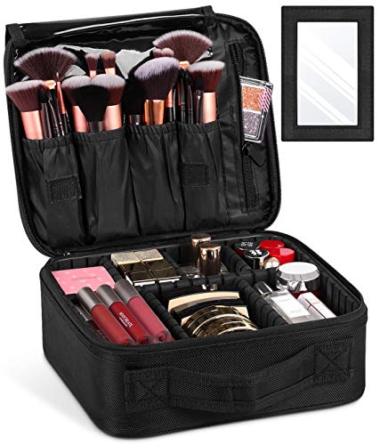 Syntus Travel Makeup Bag with Mirror, Portable Train Cosmetic Case Organizer with Adjustable Dividers Large Capacity for Cosmetic Makeup Brushes Toiletry Jewelry Digital Accessories, Black 1 Syntus Travel Makeup Bag with Mirror, Portable Train Cosmetic Case Organizer with Adjustable Dividers Large Capacity for Cosmetic Makeup Brushes Toiletry Jewelry Digital Accessories, Black