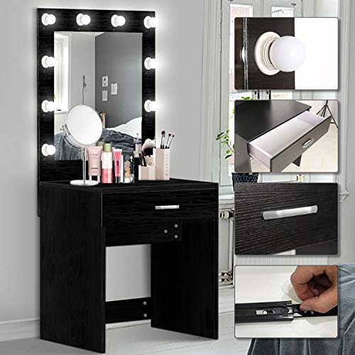 US Shipping Vanity Set with Lighted Mirror, YEEGO Makeup Vanity Dressing Table Dresser Writing Desk with Drawer for Bedroom Easy Assembly, Black(10PCS Cool LED Bulbs) - Thumbnail 4