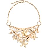 nylry Seashell Necklace for Women Gold Layered Sea Shell Necklace Boho Summer Beach Necklaces for Women Adjustable Pearl Conch Starfish Necklaces Vacation Coastal Beachy Jewelry Outfits Accessories