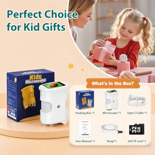 PINREK Kids Microscope 1000X Digital, Handheld Adventure Microscope for Kids, Pocket Microscope Video Record with 32G Memory Card, Portable Magnifying Glass Miniscope, Great Gift for Boys Girls