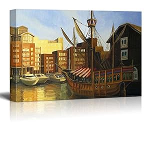Canvas Prints Wall Art - A Late Afternoon Sunset View at The Famous St Katharine Docks in London Near Thames River in Oil Painting Style | Modern Wall Decor/Home Art - 12" x 18"