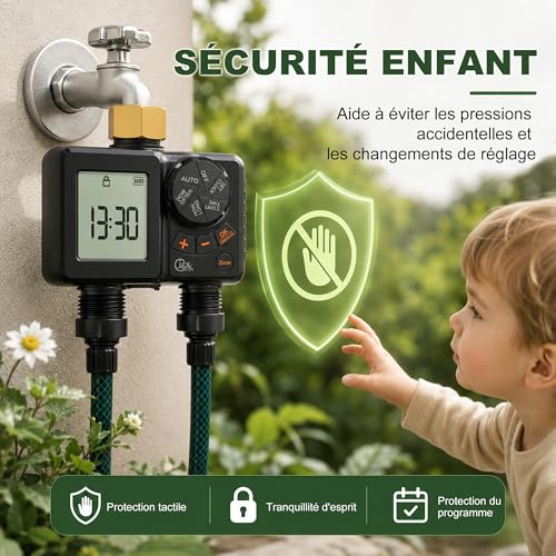 GIEX Programmateur d’arrosage rechargeable 2 zones, minuteur d’eau programmable à 2 sorties avec entrée en laiton, batterie intégrée, retard pluie et arrosage manuel