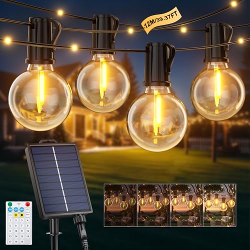 Outdoor Solar String Lights, 12M/39.4Ft Solar String Lights with 14+1 G40 Bulbs and 26 LED Beads, 19 Modes Waterproof IP44 Outdoor String Lights for Garden, Terrace, Wedding, Party