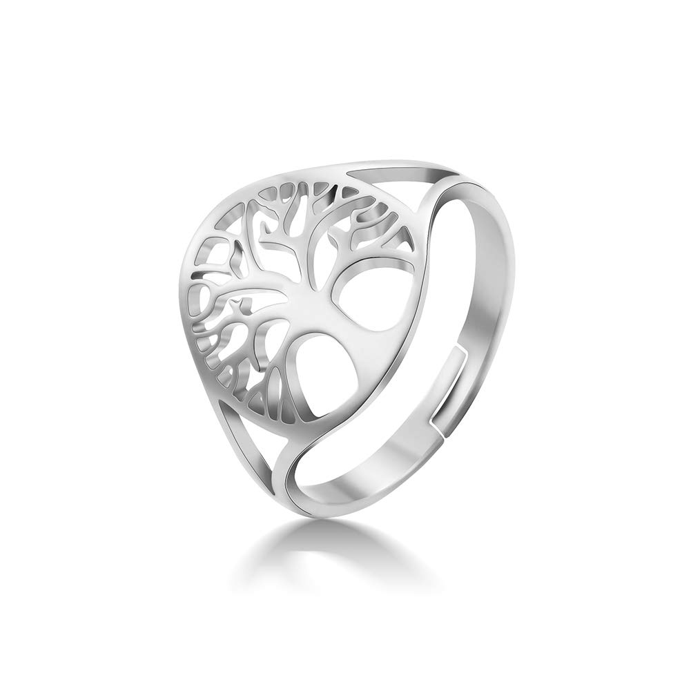 cooltime Stainless Steel Statement Ring Tree of Life Womens Band Ring Fashion Jewelry for Lady (Silver)