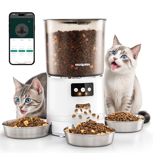 Futterautomat Katze mit APP, 6L /25 Tassen Katzenfutter Automat 3 Näpfe, 3 Trockenmittel Packungen, Anti-Verstopfungssystem, 10-S Stimmaufnahme, 2.4G WiFi Trockenfutter Automat für Katzen Hund